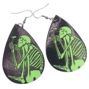 Skeleton Enjoying the Flowers Glow in the Dark Vegan Leather Tear Drop Earrings